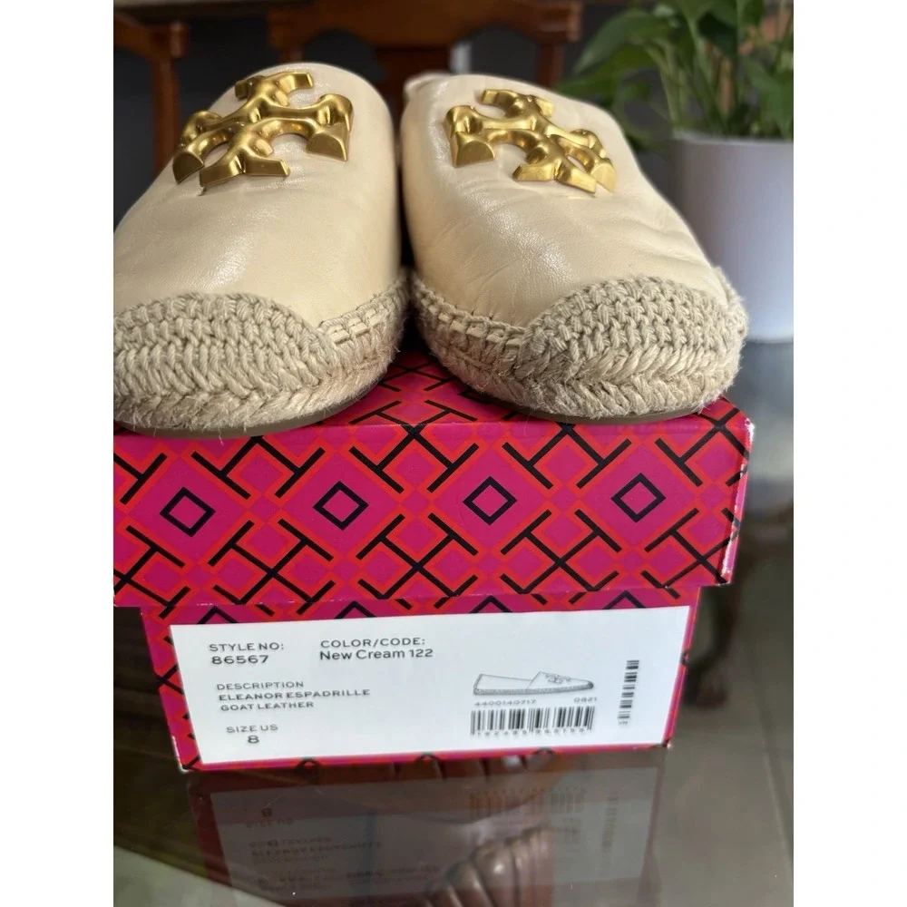 Tory Burch Eleanor Espadrille Cream Leather Slip-On Flats Round Toe US 8 86567